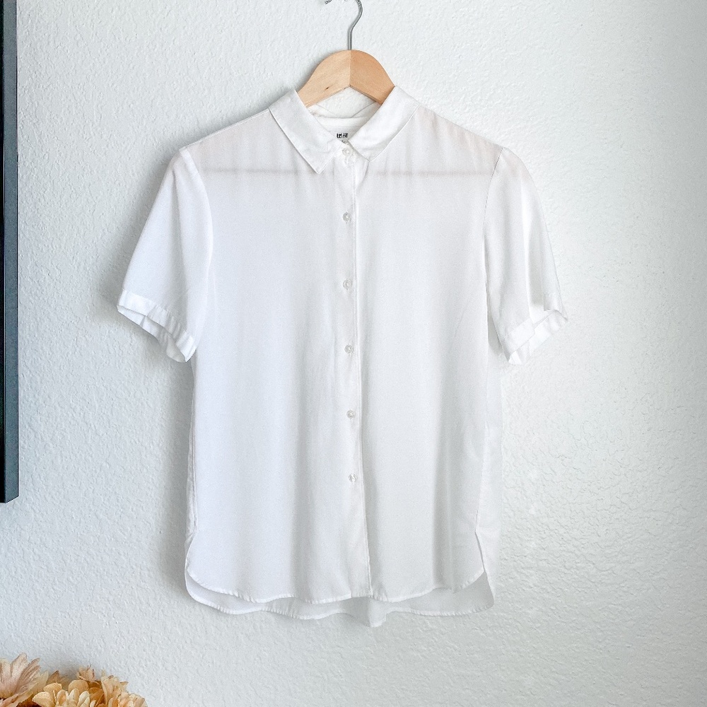 Uniqlo White Collar Short Sleeve Button Down Shirt Sz Small